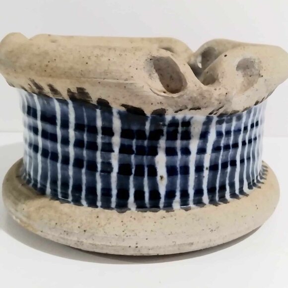 Potter Dish Ashtray Blue White Checkered Stripe Unqiqe Vintage - Picture 1 of 6
